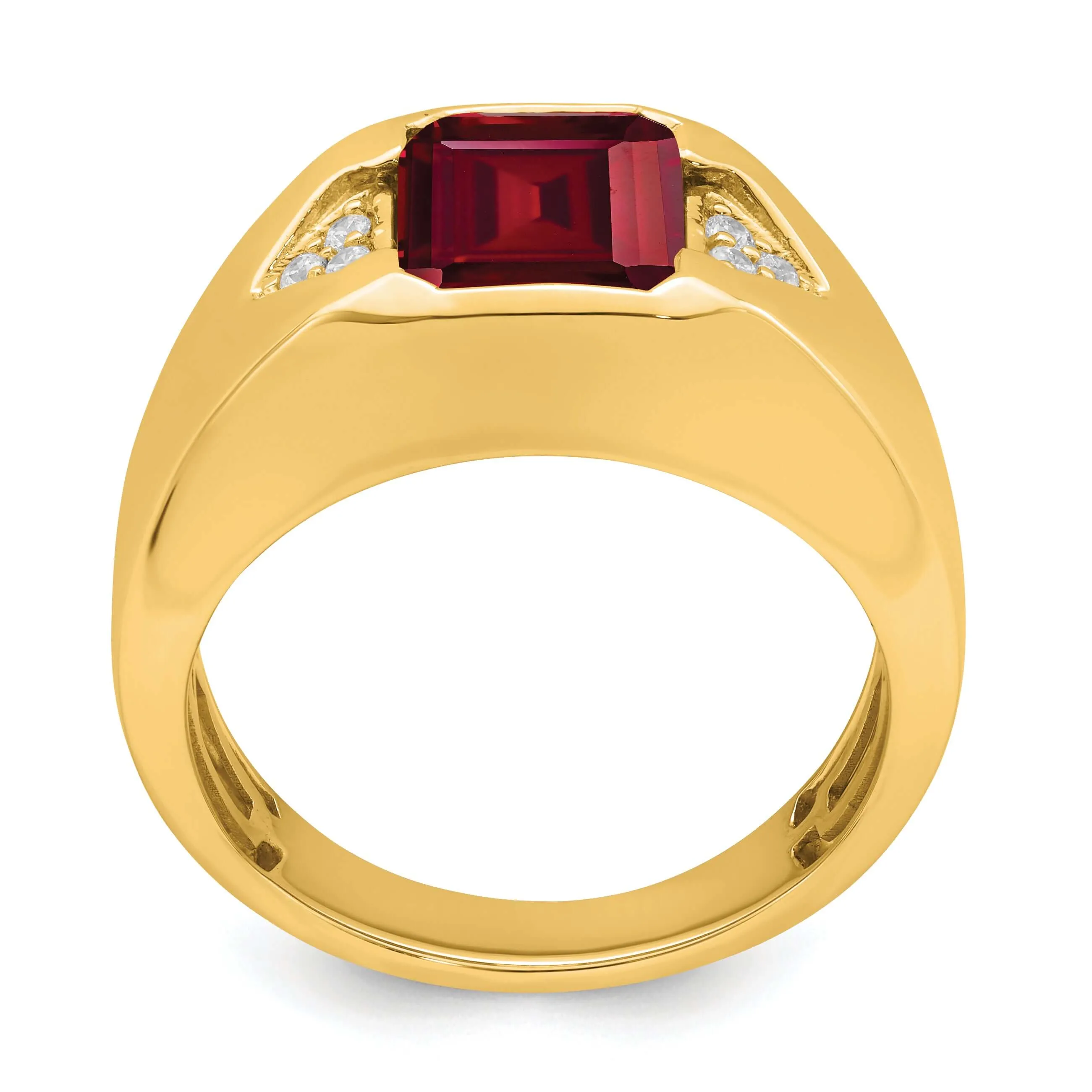 14k Yellow Gold Emerald-cut Created Ruby and Diamond Men's Ring.