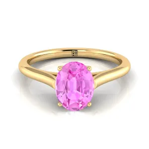 14K Yellow Gold Oval Pink Sapphire Cathedral Style Comfort Fit Solitaire Engagement Ring