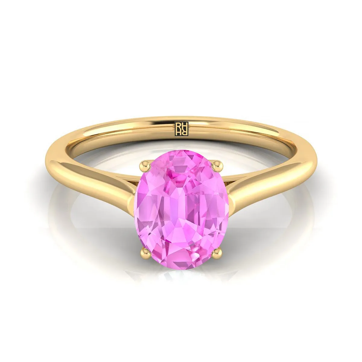 14K Yellow Gold Oval Pink Sapphire Cathedral Style Comfort Fit Solitaire Engagement Ring
