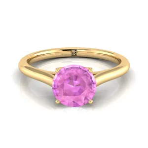 14K Yellow Gold Round Brilliant Pink Sapphire Cathedral Style Comfort Fit Solitaire Engagement Ring