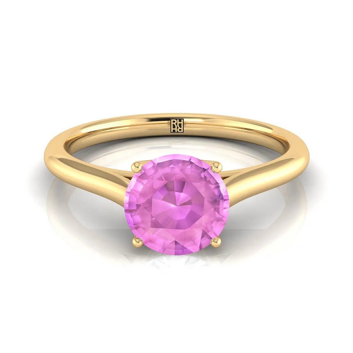 14K Yellow Gold Round Brilliant Pink Sapphire Cathedral Style Comfort Fit Solitaire Engagement Ring