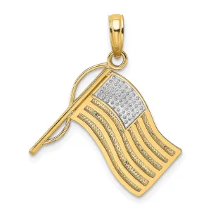 14k Yellow Gold, White Rhodium Textured Polished Finish U.S.A American Flag Charm Pendant