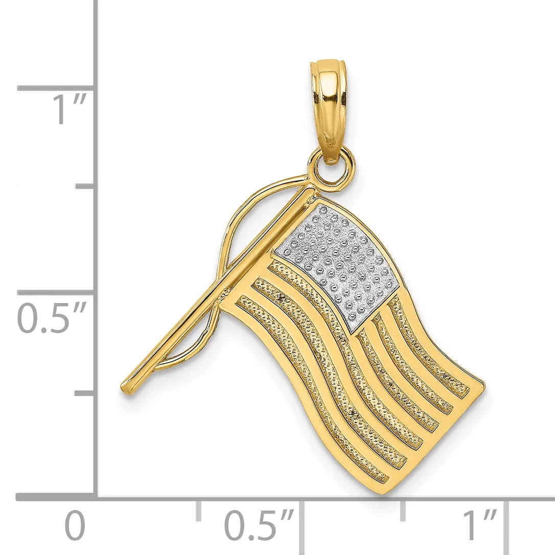 14k Yellow Gold, White Rhodium Textured Polished Finish U.S.A American Flag Charm Pendant