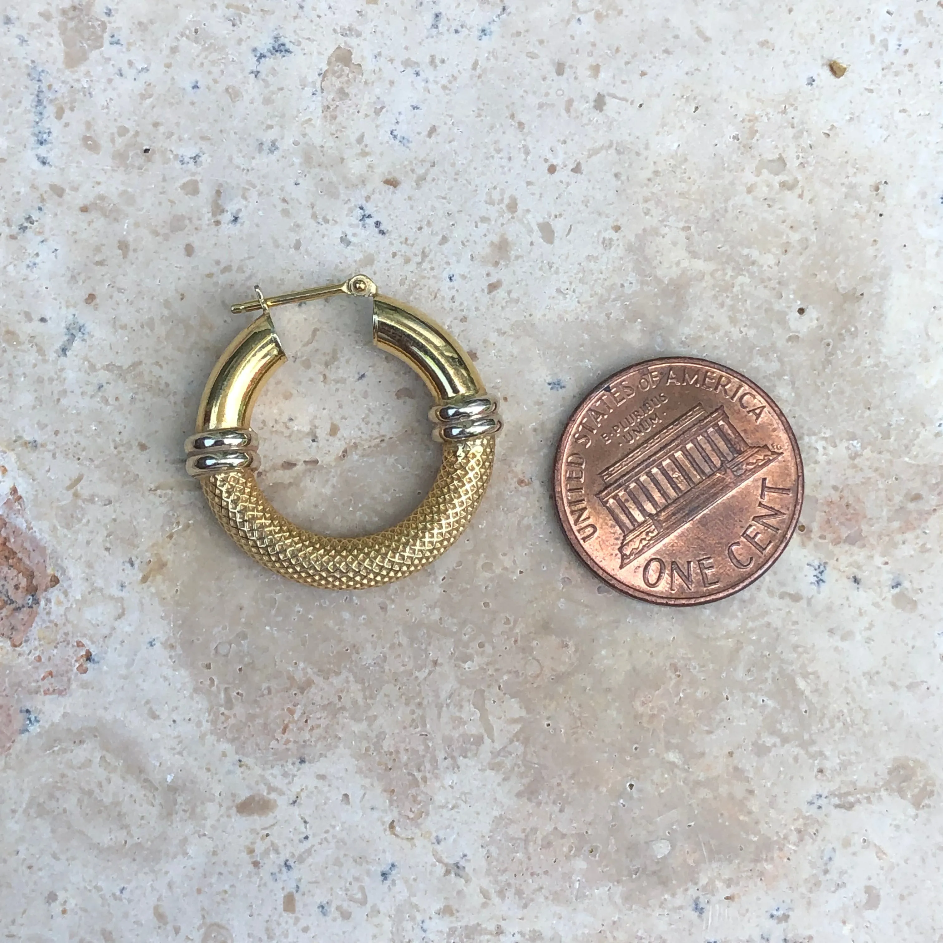 14KT Yellow Gold   White Gold Mesh Hoop Earrings 20mm