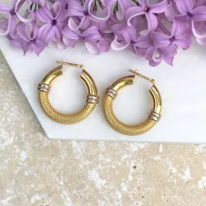 14KT Yellow Gold   White Gold Mesh Hoop Earrings 20mm