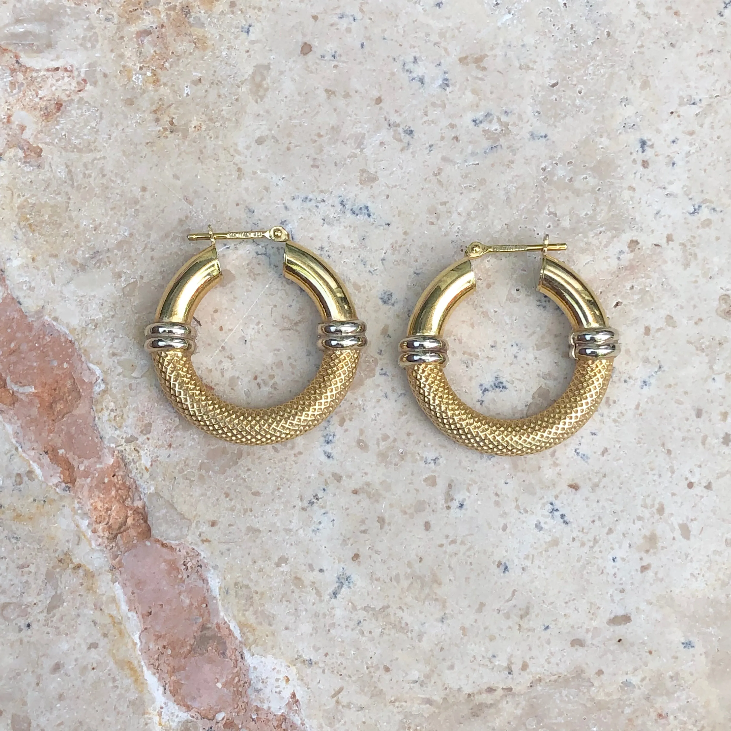 14KT Yellow Gold   White Gold Mesh Hoop Earrings 20mm