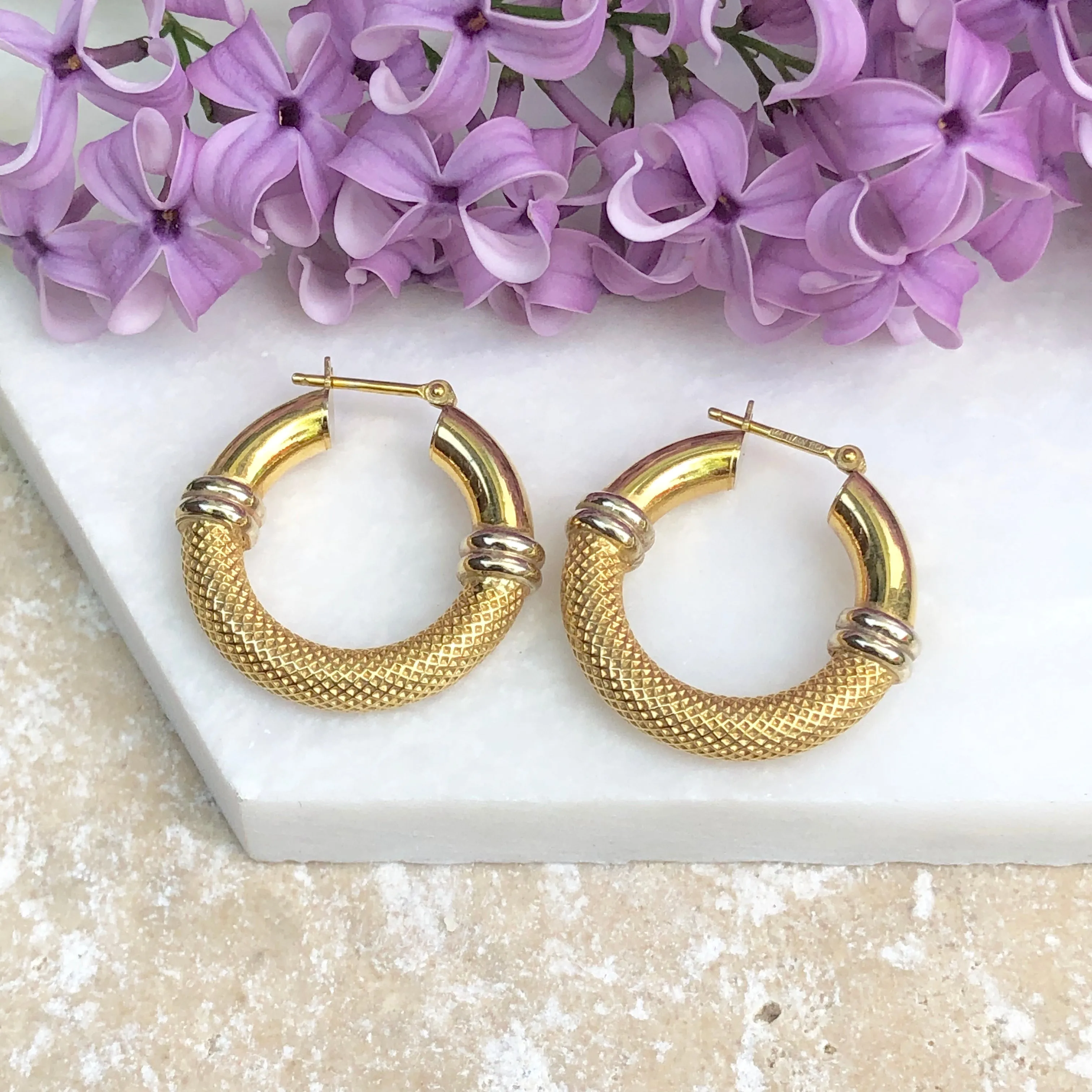 14KT Yellow Gold   White Gold Mesh Hoop Earrings 20mm