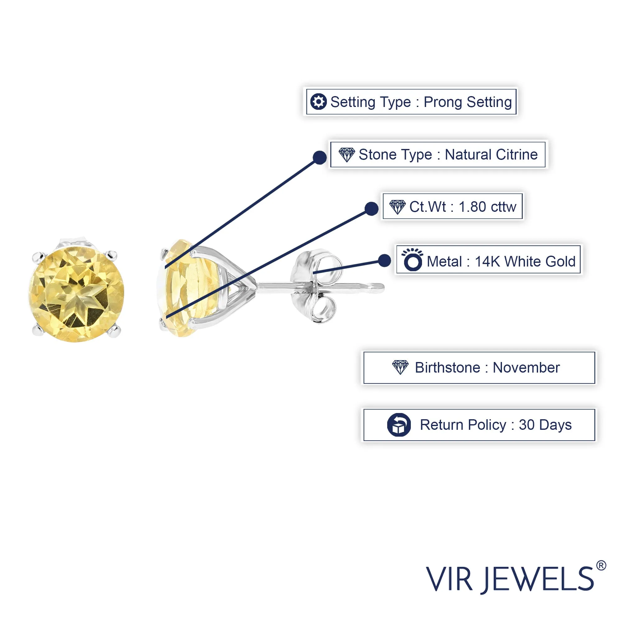 1.80 cttw 6 MM Citrine Stud Earrings 14K White Gold Round with Push Backs November Birthstone