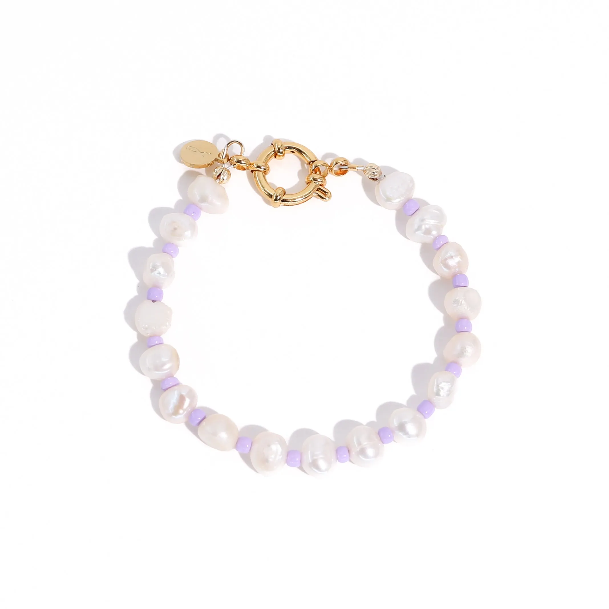 18K Gold Plated Freshwater Pearls with Purple Glass Beads - Taro Bracelet 7"