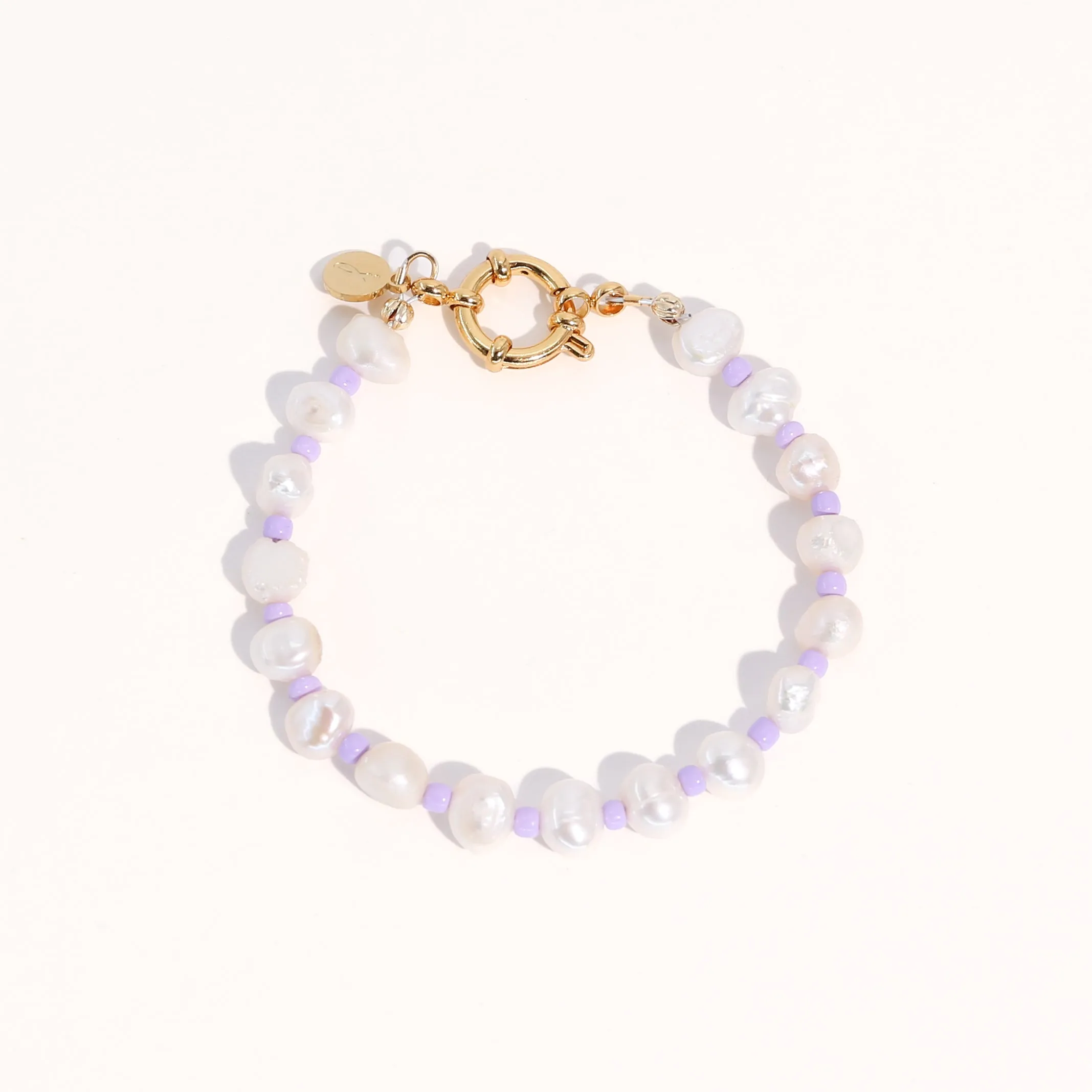 18K Gold Plated Freshwater Pearls with Purple Glass Beads - Taro Bracelet 7"