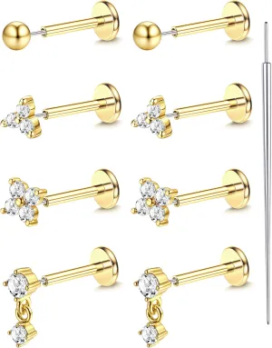 18K Gold Plated Threadless Flat Back Earrings Studs 316L Surgical Steel Push in Nose Studs Rings 20G 18G 16G CZ Tragus Cartilage Helix Conch Lip Labret Medusa Nostril Piercing Jewelry Hypoallergenic
