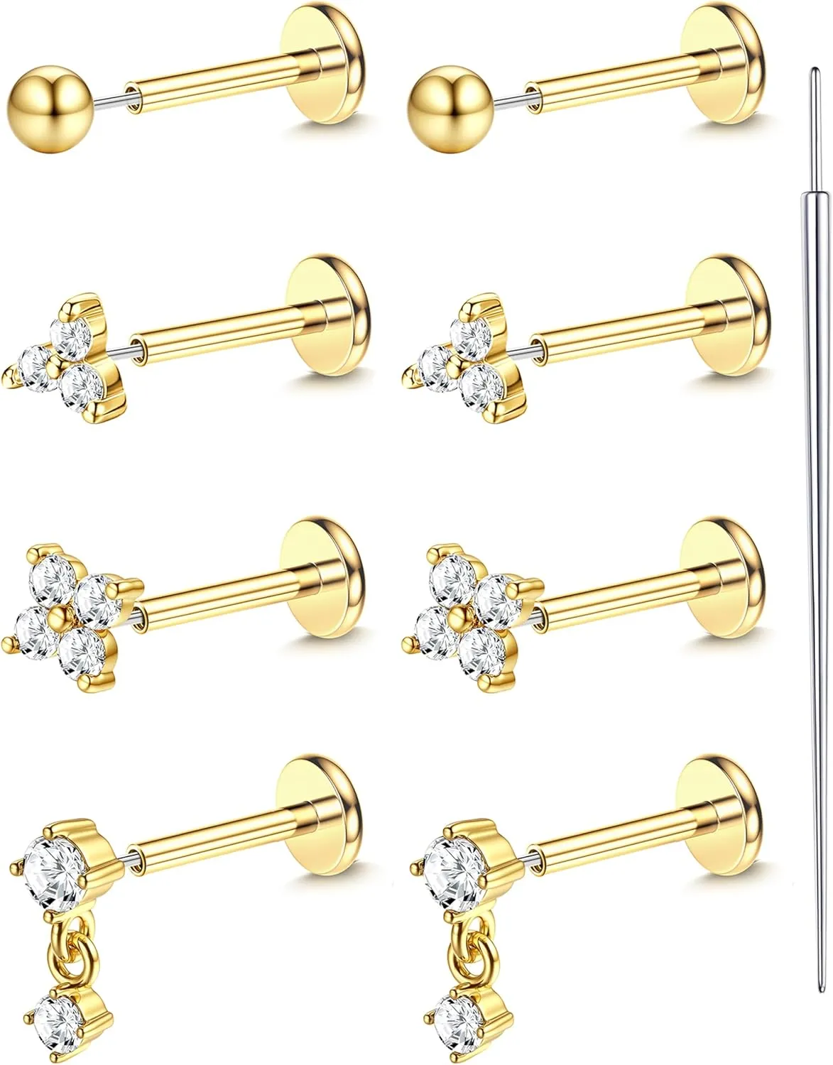 18K Gold Plated Threadless Flat Back Earrings Studs 316L Surgical Steel Push in Nose Studs Rings 20G 18G 16G CZ Tragus Cartilage Helix Conch Lip Labret Medusa Nostril Piercing Jewelry Hypoallergenic