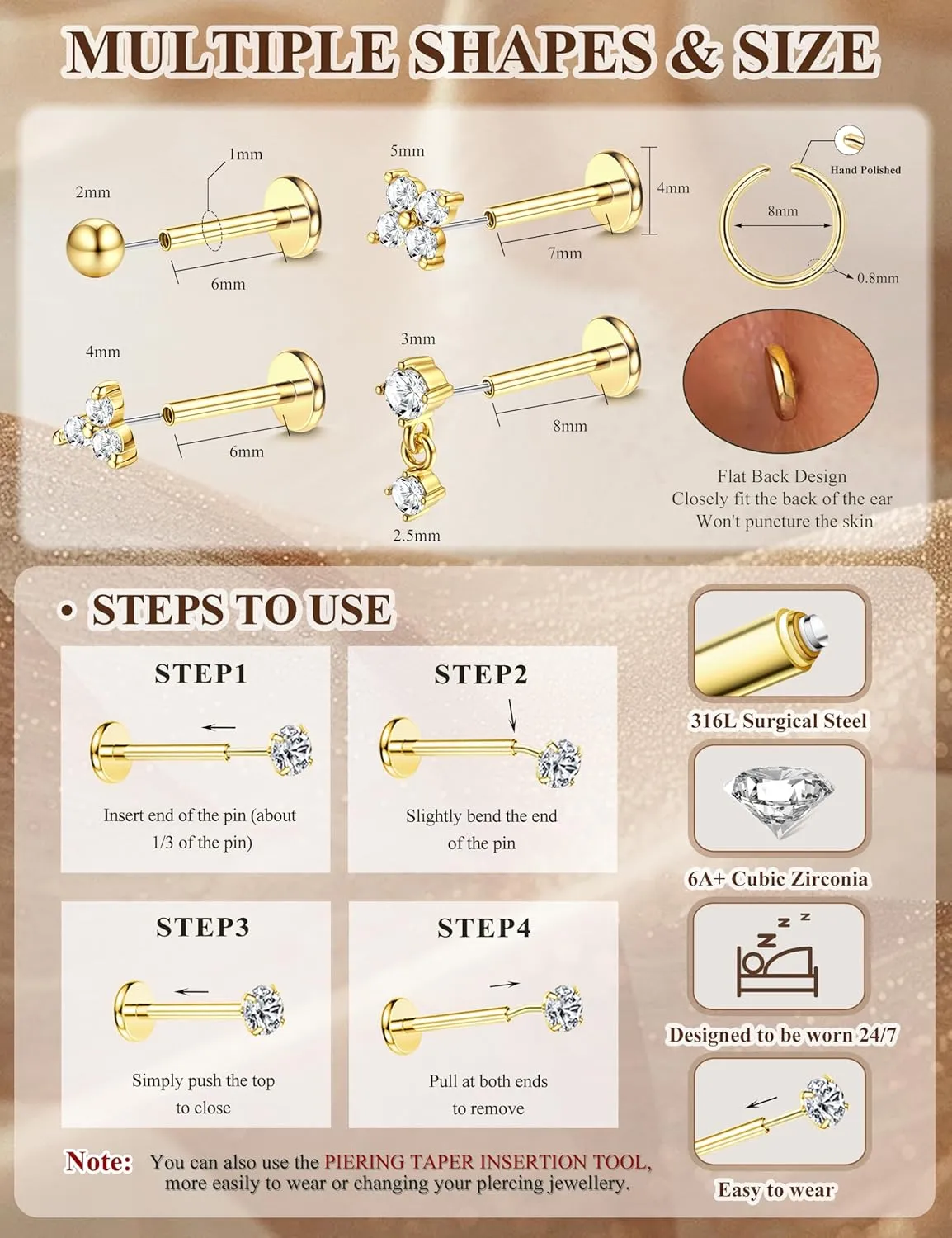 18K Gold Plated Threadless Flat Back Earrings Studs 316L Surgical Steel Push in Nose Studs Rings 20G 18G 16G CZ Tragus Cartilage Helix Conch Lip Labret Medusa Nostril Piercing Jewelry Hypoallergenic