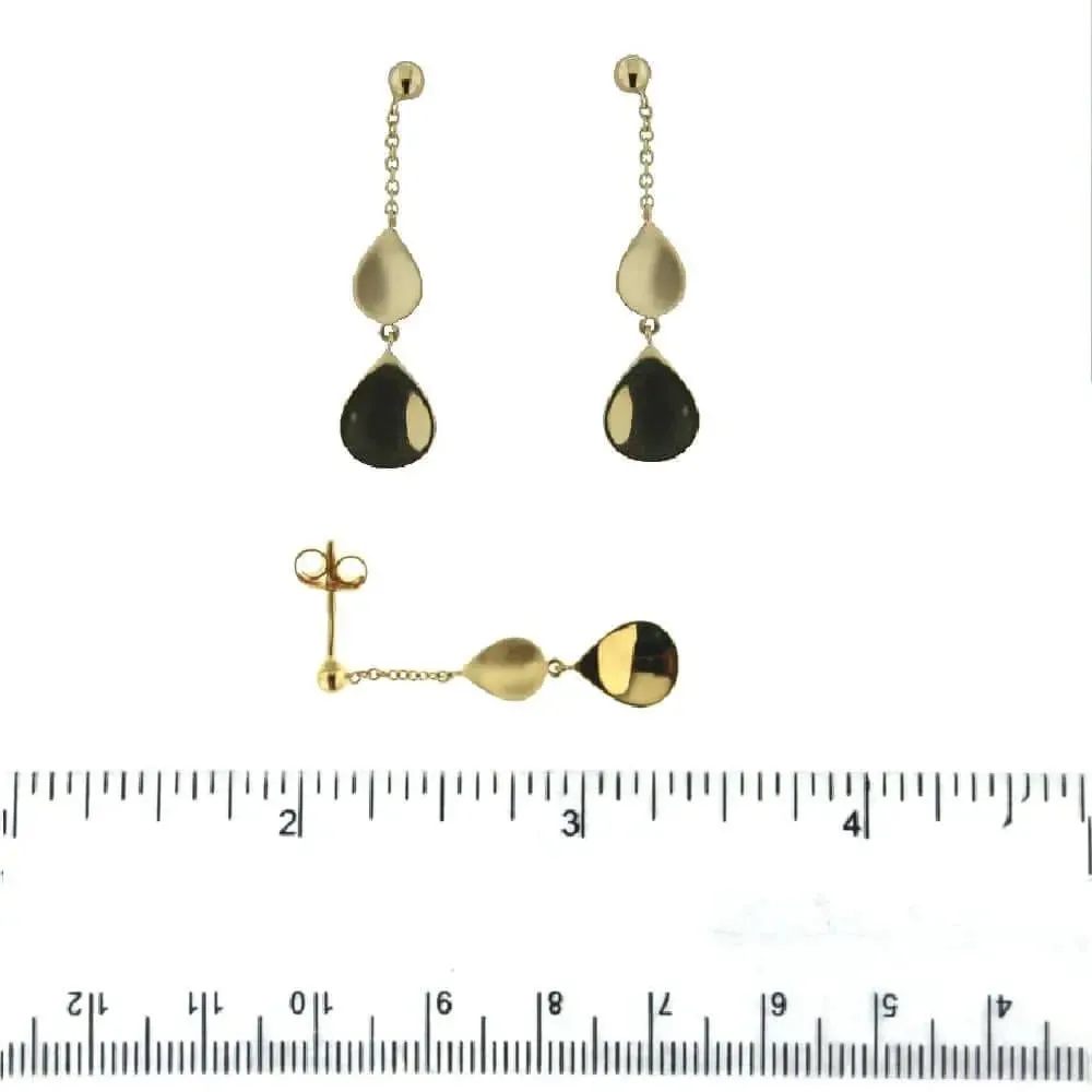 18K Yellow Gold Large shiny and Small  Satin Tear Drops Dangle Post Earrings 1.25 inches long..