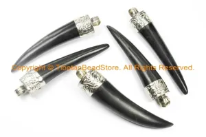 2 PENDANTS Tibetan Horn Pendants with Repousse Hand Carved Tibetan Silver Caps - Boho Ethnic Tribal Tibetan Horns Tusk Tooth - WM6100-2
