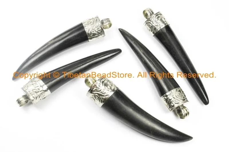 2 PENDANTS Tibetan Horn Pendants with Repousse Hand Carved Tibetan Silver Caps - Boho Ethnic Tribal Tibetan Horns Tusk Tooth - WM6100-2