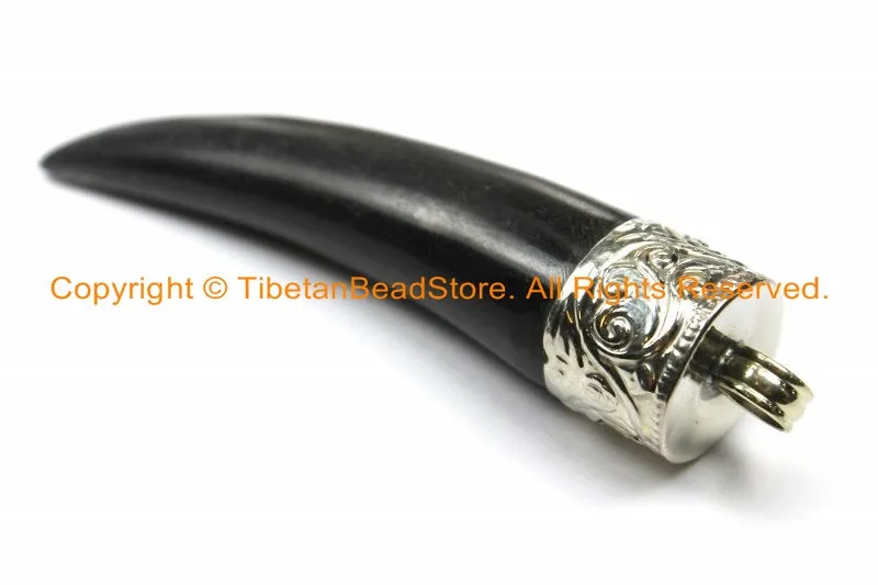 2 PENDANTS Tibetan Horn Pendants with Repousse Hand Carved Tibetan Silver Caps - Boho Ethnic Tribal Tibetan Horns Tusk Tooth - WM6100-2