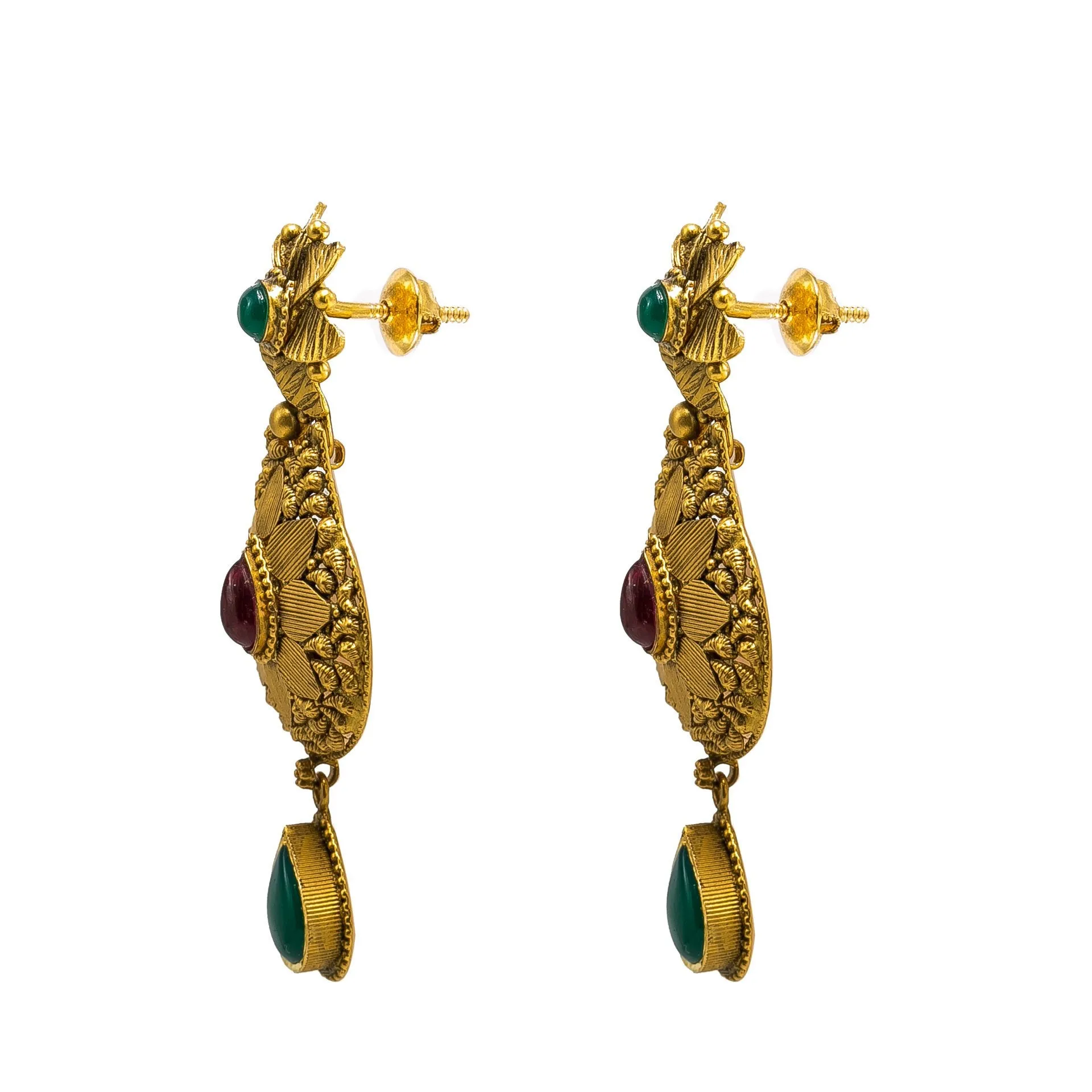22K Yellow Gold Temple Necklace & Earrings Set W/ Rubies, Emeralds, Kundan, Mango Accents & Large Pear Shaped Pendants