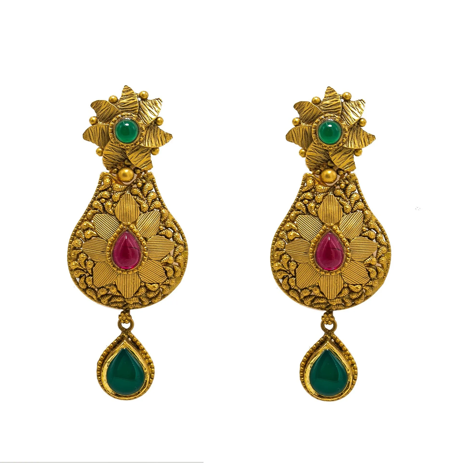 22K Yellow Gold Temple Necklace & Earrings Set W/ Rubies, Emeralds, Kundan, Mango Accents & Large Pear Shaped Pendants