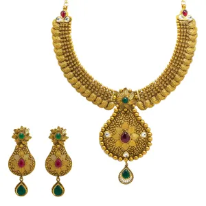 22K Yellow Gold Temple Necklace & Earrings Set W/ Rubies, Emeralds, Kundan, Mango Accents & Large Pear Shaped Pendants