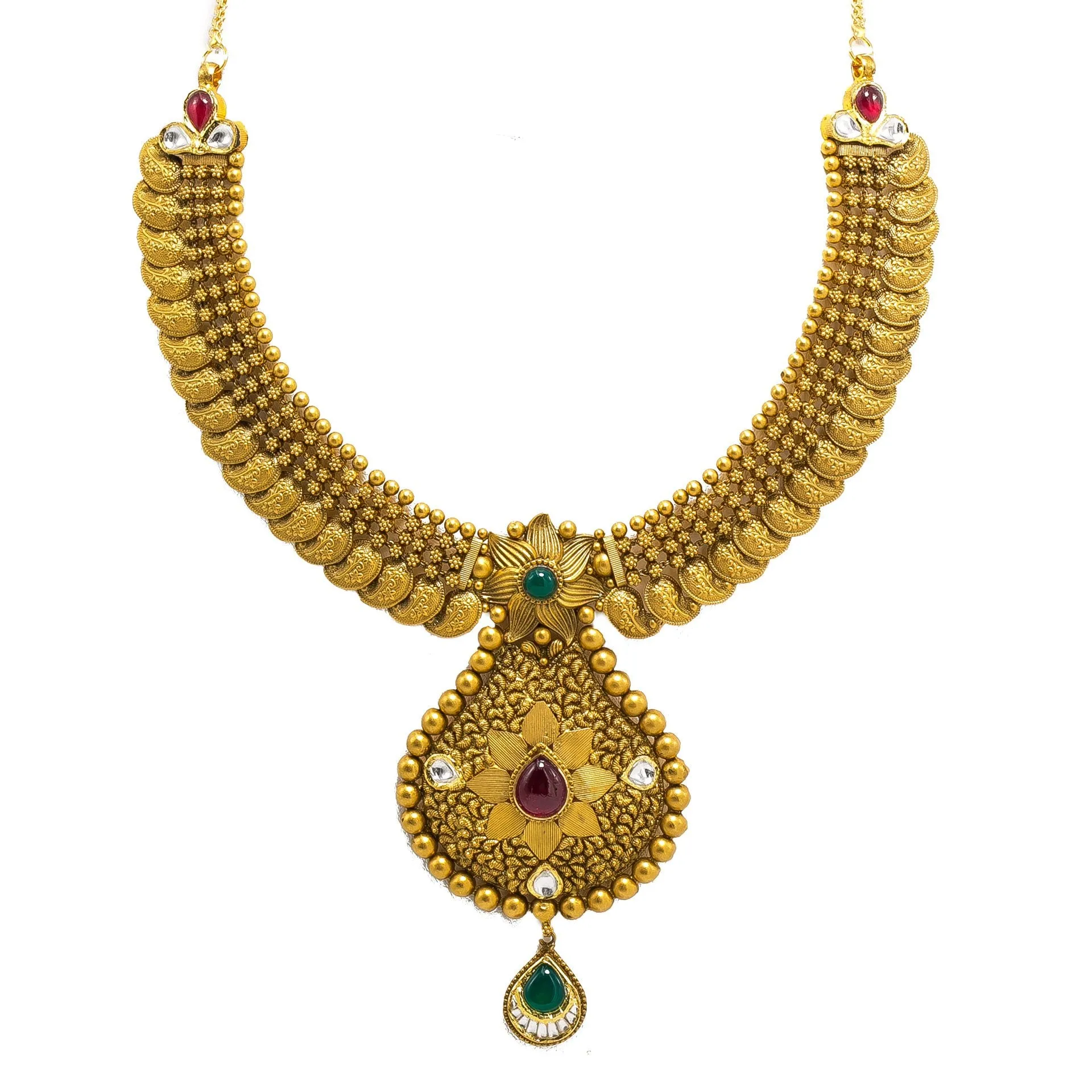 22K Yellow Gold Temple Necklace & Earrings Set W/ Rubies, Emeralds, Kundan, Mango Accents & Large Pear Shaped Pendants