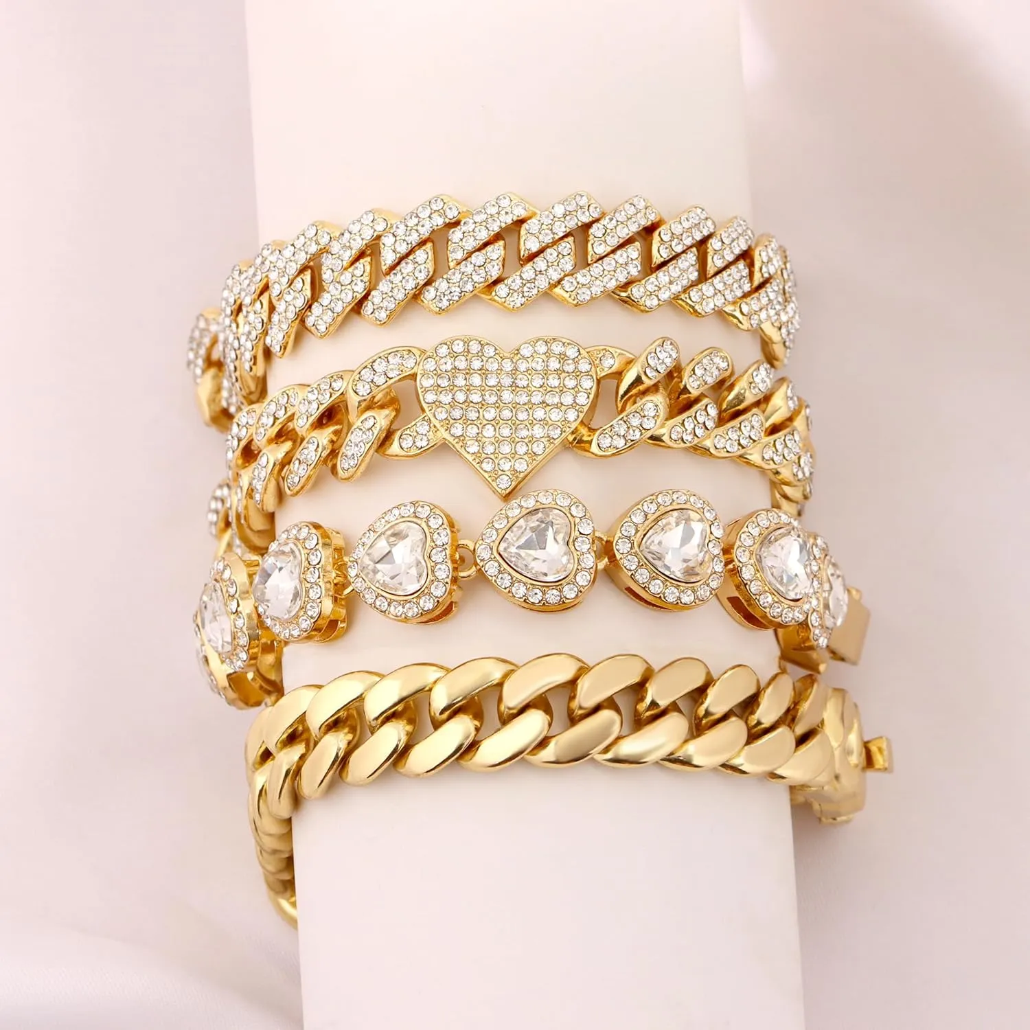 4PCS Gold Bracelets for Women Silver Clustered Tennis Bracelet for Women Heart Round Diamond Cuban Bracelet Layered Link Bracelet Set Fashion Jewelry for Women Set