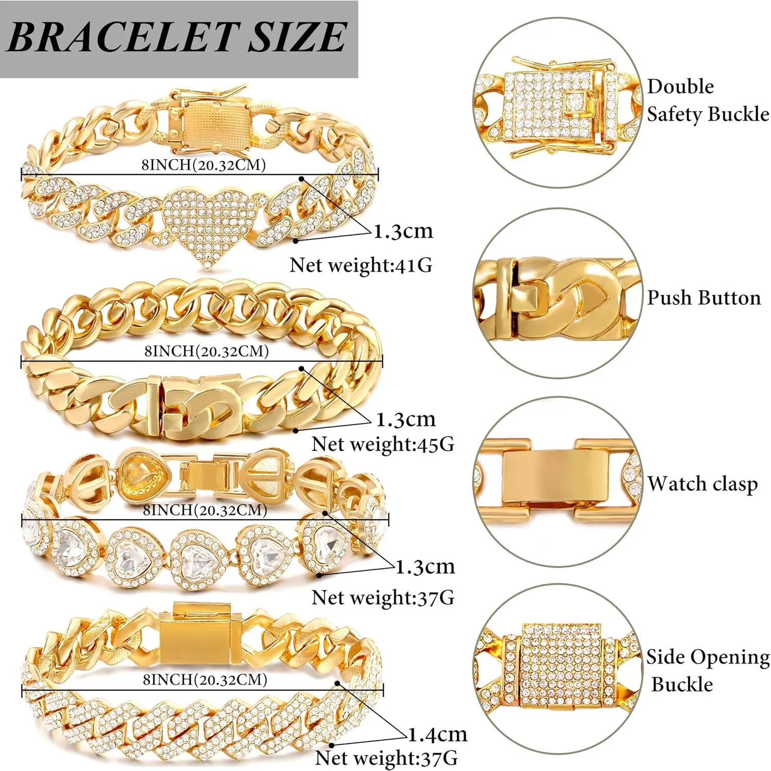 4PCS Gold Bracelets for Women Silver Clustered Tennis Bracelet for Women Heart Round Diamond Cuban Bracelet Layered Link Bracelet Set Fashion Jewelry for Women Set