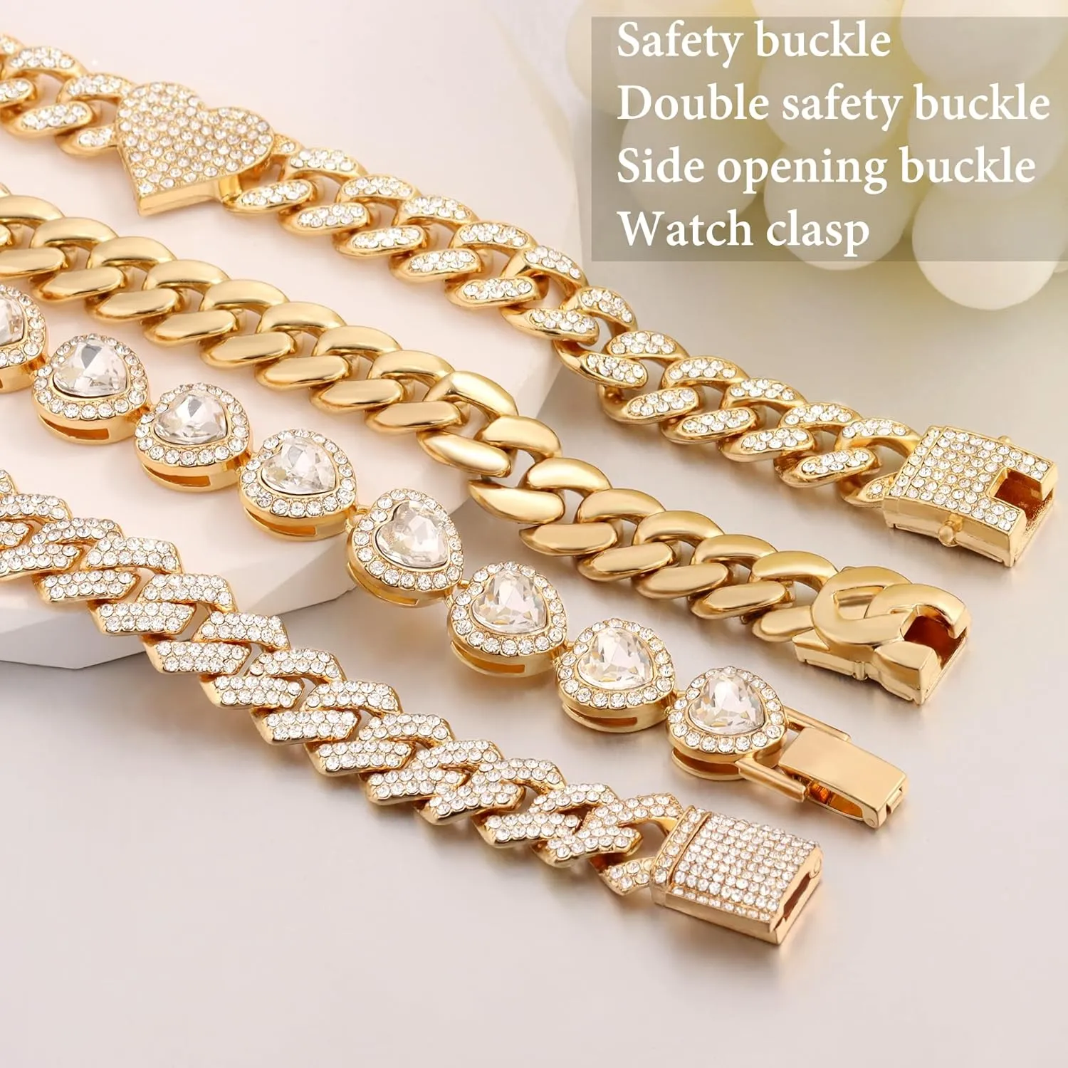 4PCS Gold Bracelets for Women Silver Clustered Tennis Bracelet for Women Heart Round Diamond Cuban Bracelet Layered Link Bracelet Set Fashion Jewelry for Women Set
