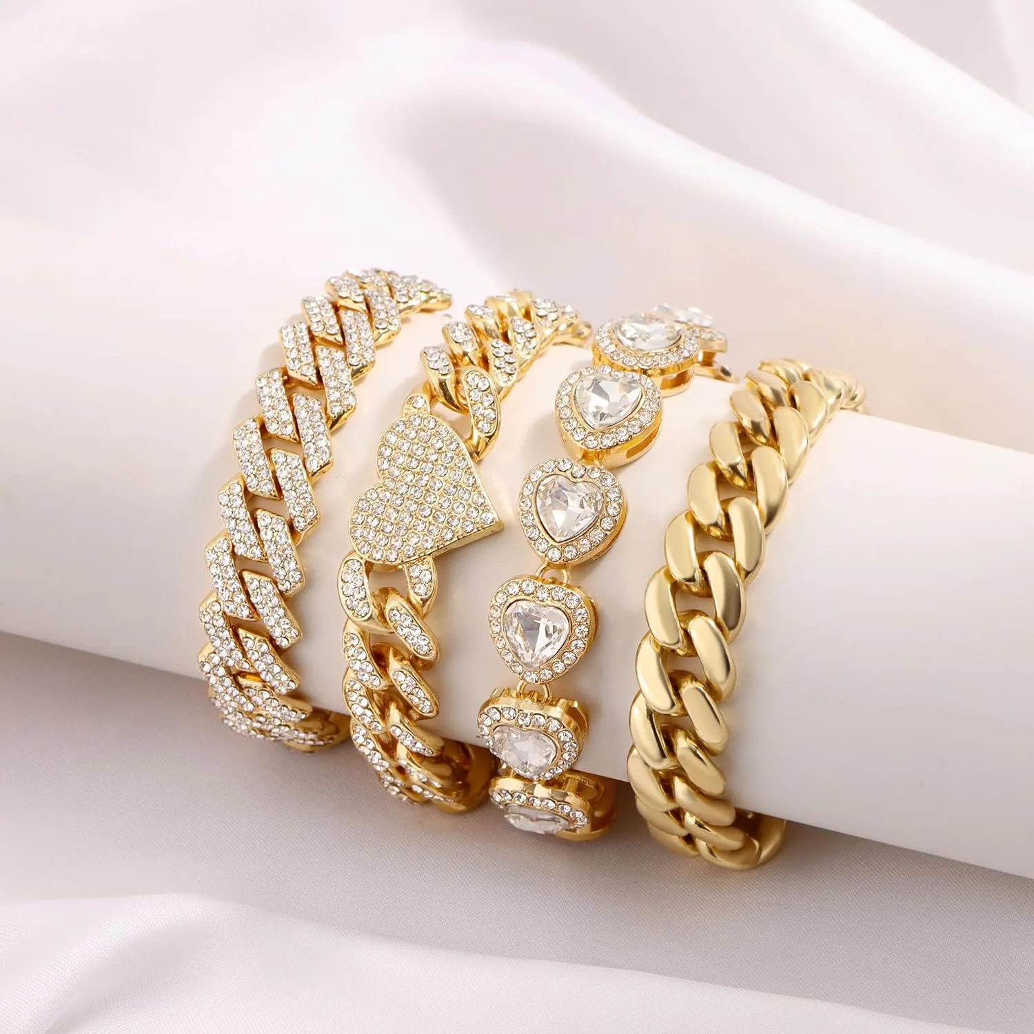 4PCS Gold Bracelets for Women Silver Clustered Tennis Bracelet for Women Heart Round Diamond Cuban Bracelet Layered Link Bracelet Set Fashion Jewelry for Women Set