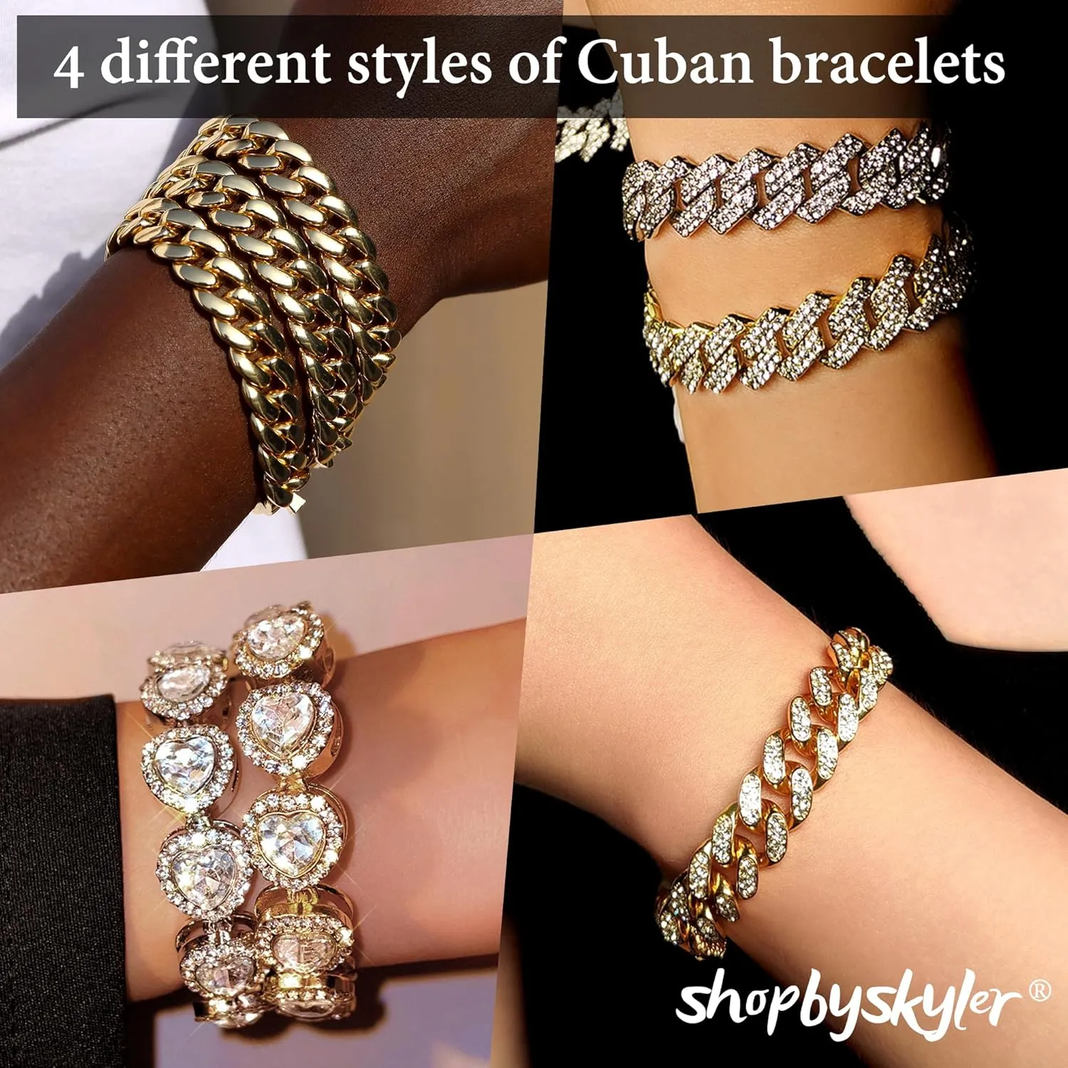 4PCS Gold Bracelets for Women Silver Clustered Tennis Bracelet for Women Heart Round Diamond Cuban Bracelet Layered Link Bracelet Set Fashion Jewelry for Women Set