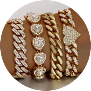 4PCS Gold Bracelets for Women Silver Clustered Tennis Bracelet for Women Heart Round Diamond Cuban Bracelet Layered Link Bracelet Set Fashion Jewelry for Women Set