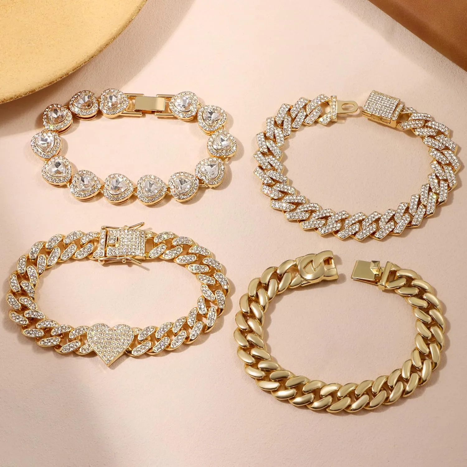 4PCS Gold Bracelets for Women Silver Clustered Tennis Bracelet for Women Heart Round Diamond Cuban Bracelet Layered Link Bracelet Set Fashion Jewelry for Women Set