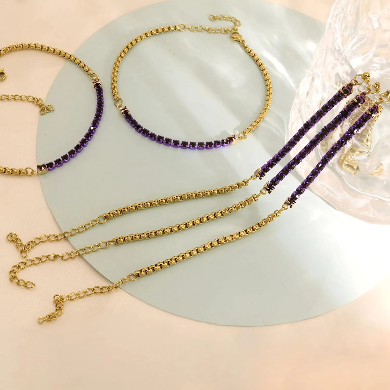 5Pcs Crystals Birthstone Bracelets for Women Dainty Gold Plated Stainless Steel Chain Link Charm Stackable Bracelet Birth Stone Bracelets to Daughter Mom Birthday Unique Jewelry Gifts