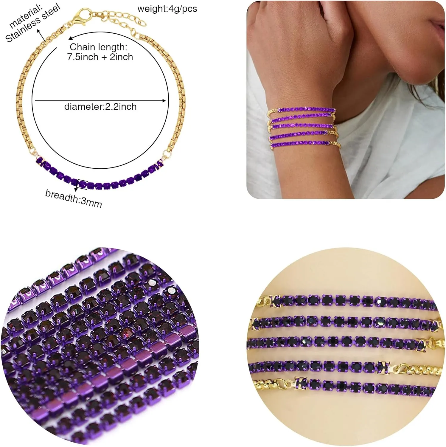 5Pcs Crystals Birthstone Bracelets for Women Dainty Gold Plated Stainless Steel Chain Link Charm Stackable Bracelet Birth Stone Bracelets to Daughter Mom Birthday Unique Jewelry Gifts