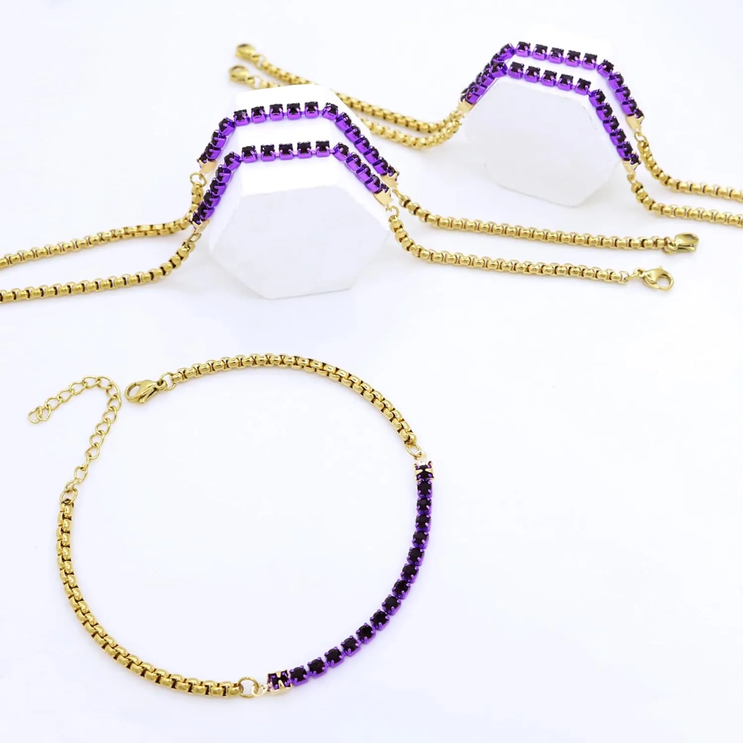 5Pcs Crystals Birthstone Bracelets for Women Dainty Gold Plated Stainless Steel Chain Link Charm Stackable Bracelet Birth Stone Bracelets to Daughter Mom Birthday Unique Jewelry Gifts