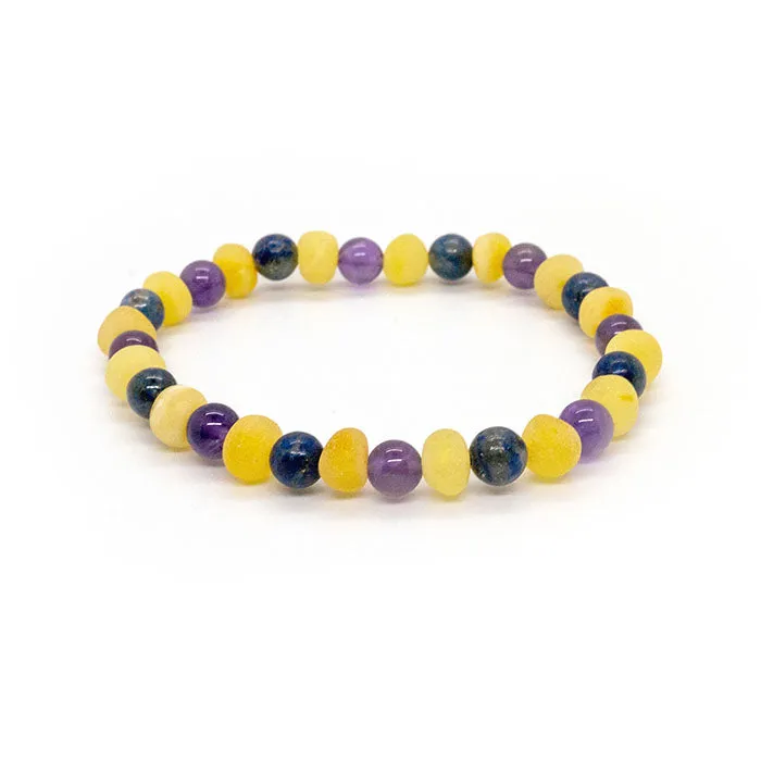 6.5 7.5 ADHD Arthritis Carpal Tunnel Raw Milk Lapis Amethyst Baltic Amber Bracelet 8.25