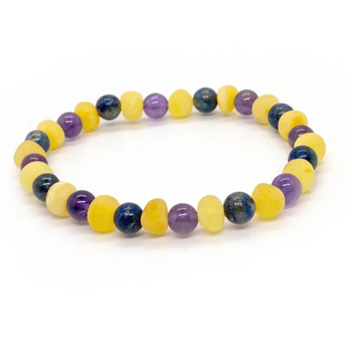 6.5 7.5 ADHD Arthritis Carpal Tunnel Raw Milk Lapis Amethyst Baltic Amber Bracelet 8.25