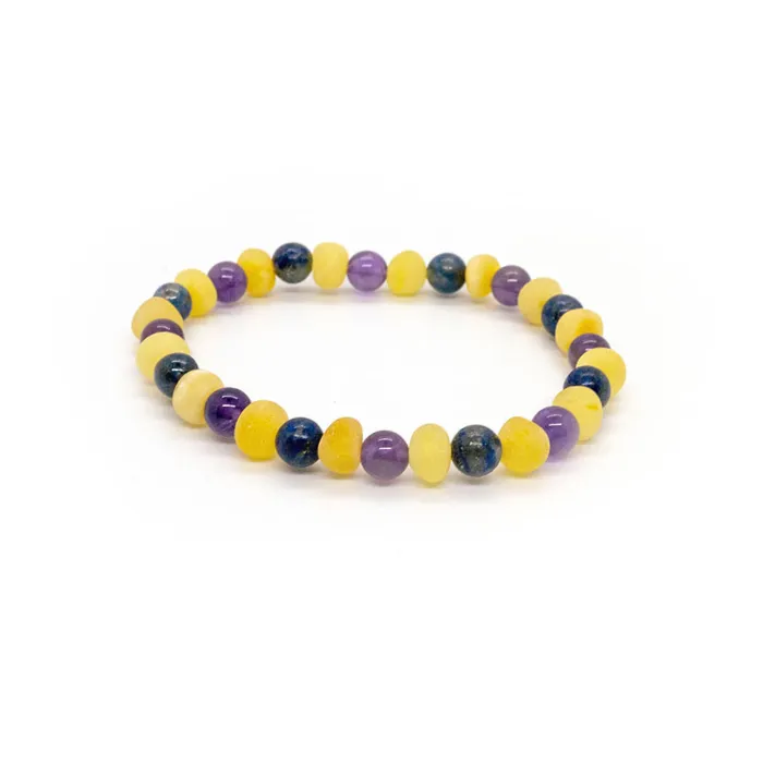 6.5 7.5 ADHD Arthritis Carpal Tunnel Raw Milk Lapis Amethyst Baltic Amber Bracelet 8.25