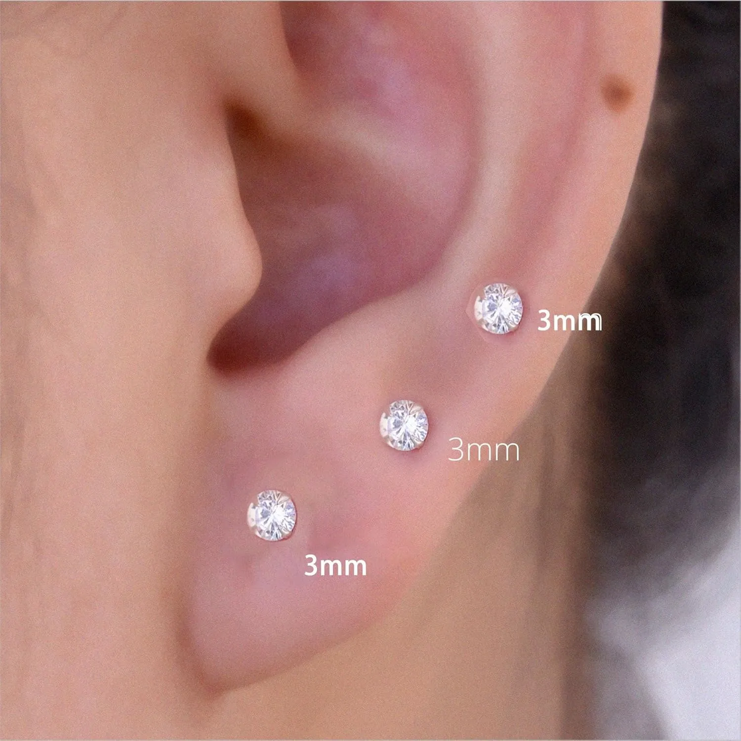 6Pairs 2mm/3mm Surgical Steel Hypoallergenic Piercing Studs, 20G 14K Real Gold Filled Tiny Stud Earrings Set for Multiple Hole Piercing (Cubic Zirconia, Pearl, Ball)
