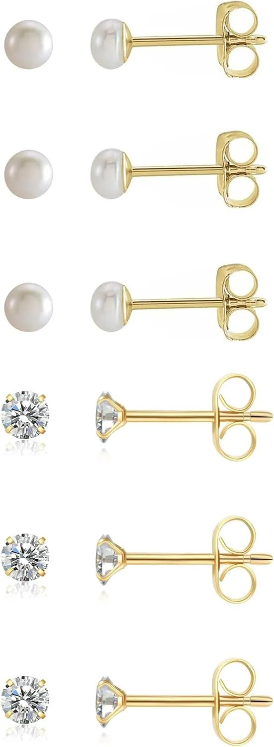 6Pairs 2mm/3mm Surgical Steel Hypoallergenic Piercing Studs, 20G 14K Real Gold Filled Tiny Stud Earrings Set for Multiple Hole Piercing (Cubic Zirconia, Pearl, Ball)