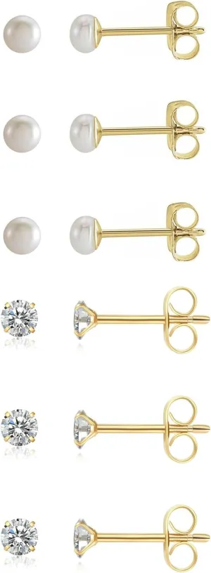 6Pairs 2mm/3mm Surgical Steel Hypoallergenic Piercing Studs, 20G 14K Real Gold Filled Tiny Stud Earrings Set for Multiple Hole Piercing (Cubic Zirconia, Pearl, Ball)