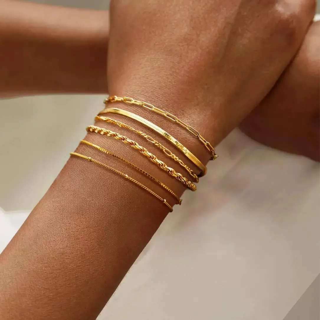 6Pcs Gold Chain Bracelets for Women Set Waterproof Layered Anklet Bracelet Trendy Stackable Cuban Link Paperclip Chain Bracelet Accessories Jewelry