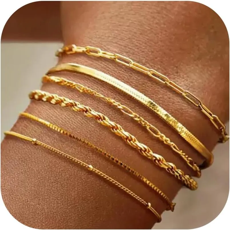 6Pcs Gold Chain Bracelets for Women Set Waterproof Layered Anklet Bracelet Trendy Stackable Cuban Link Paperclip Chain Bracelet Accessories Jewelry