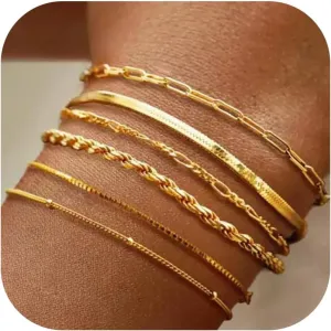 6Pcs Gold Chain Bracelets for Women Set Waterproof Layered Anklet Bracelet Trendy Stackable Cuban Link Paperclip Chain Bracelet Accessories Jewelry