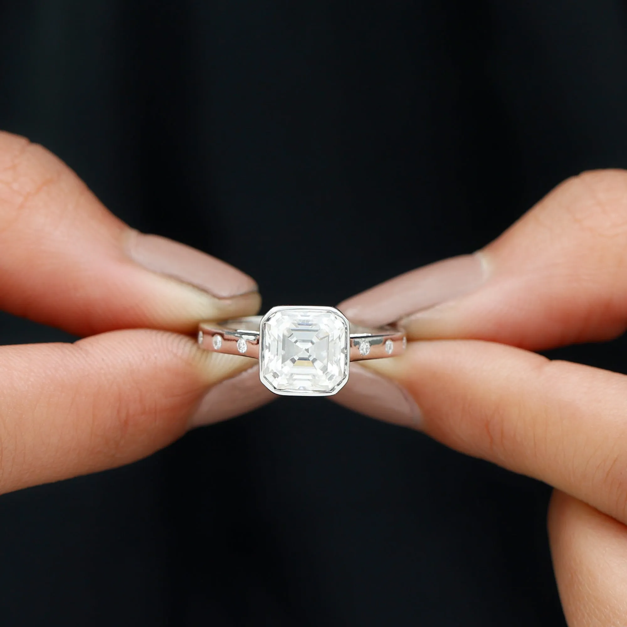7 MM Asscher Cut Moissanite Solitaire Ring in Bezel Setting with Sleek Accent