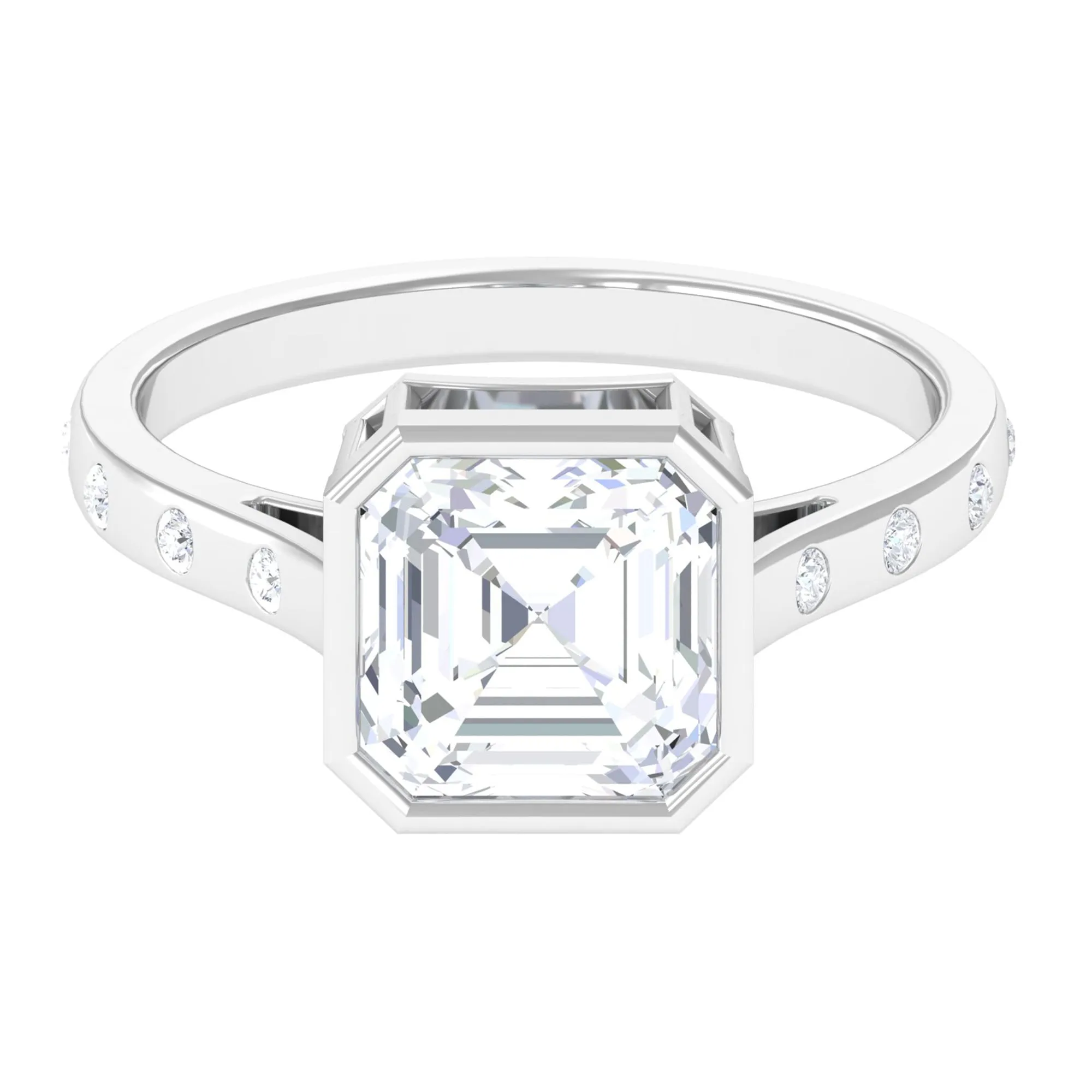 7 MM Asscher Cut Moissanite Solitaire Ring in Bezel Setting with Sleek Accent