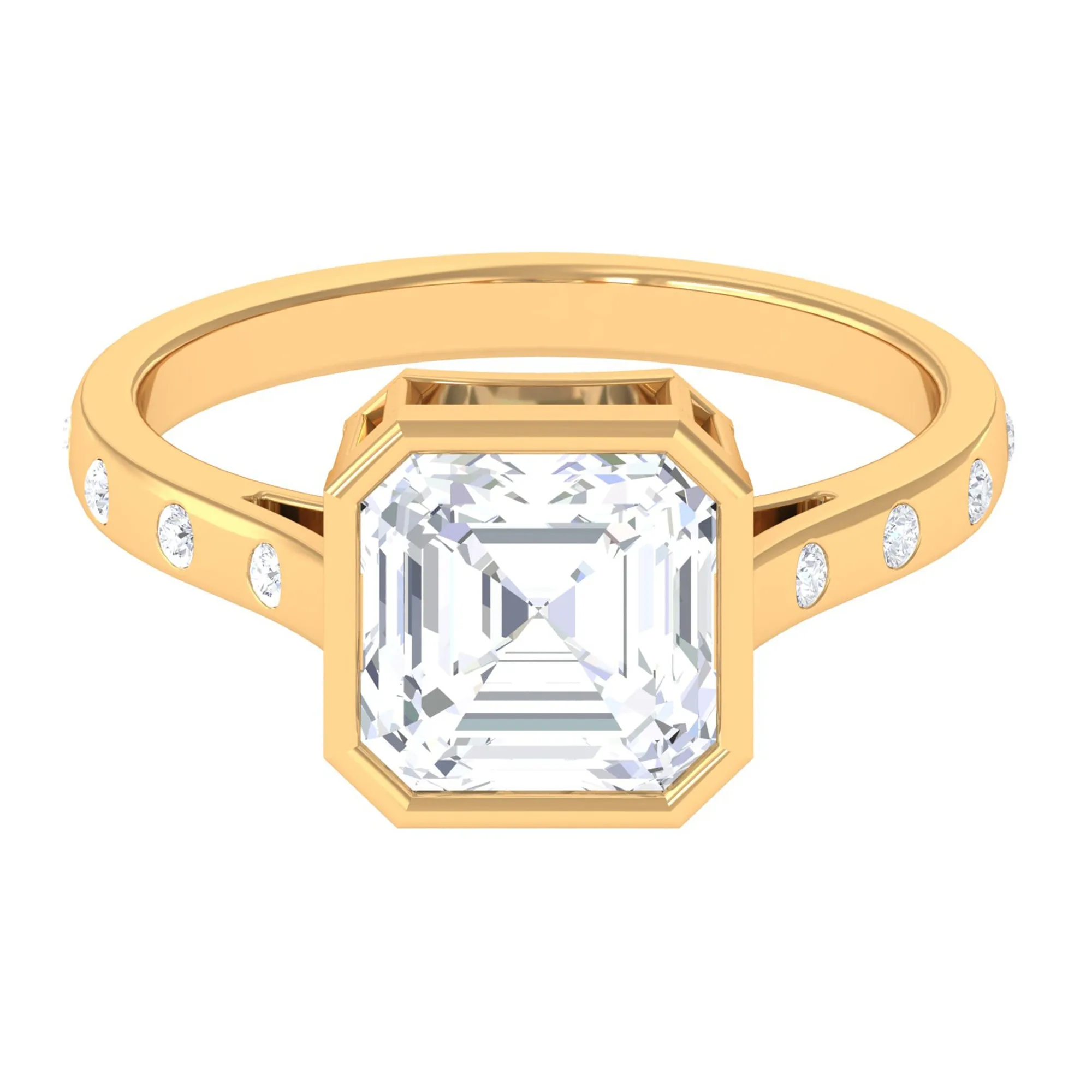 7 MM Asscher Cut Moissanite Solitaire Ring in Bezel Setting with Sleek Accent
