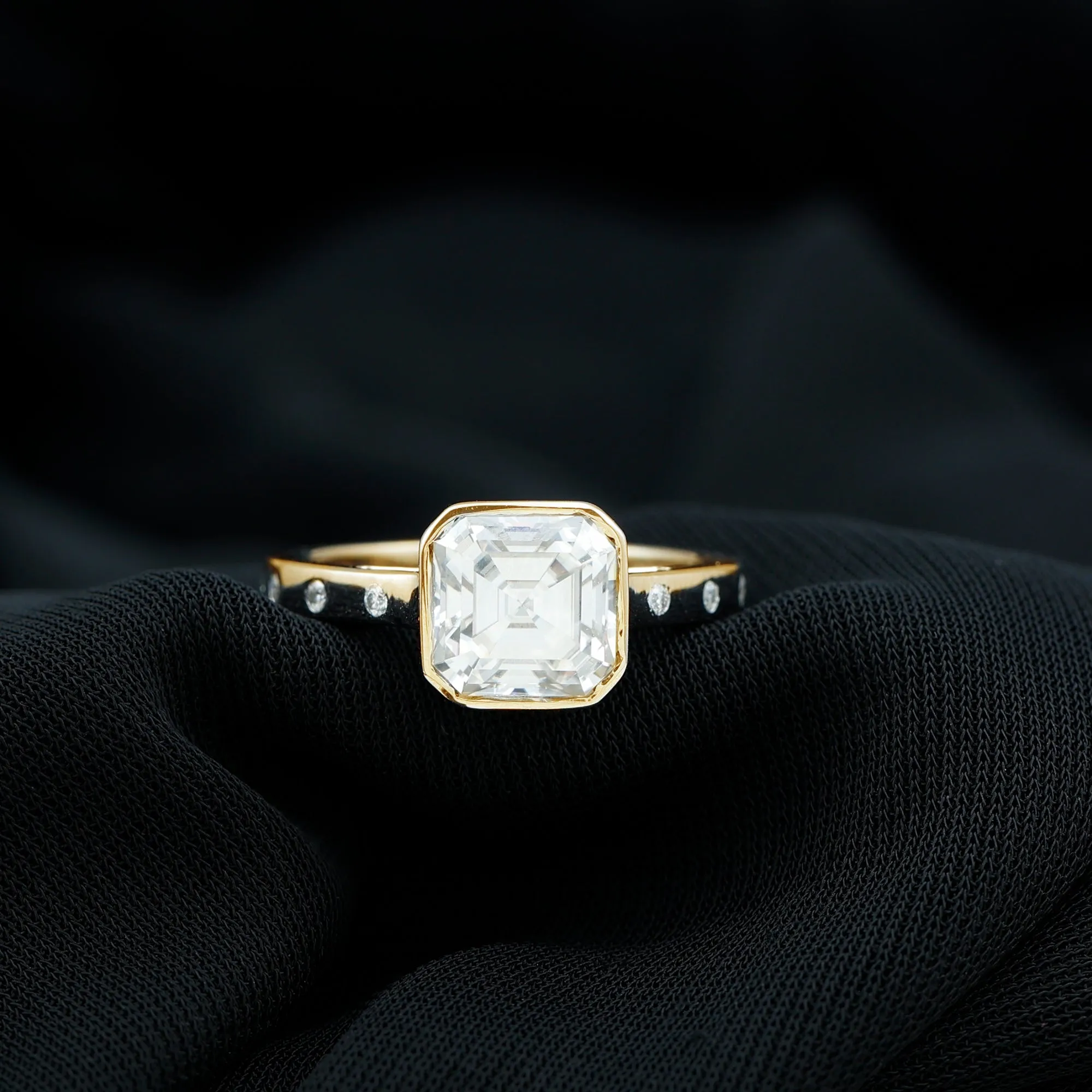 7 MM Asscher Cut Moissanite Solitaire Ring in Bezel Setting with Sleek Accent