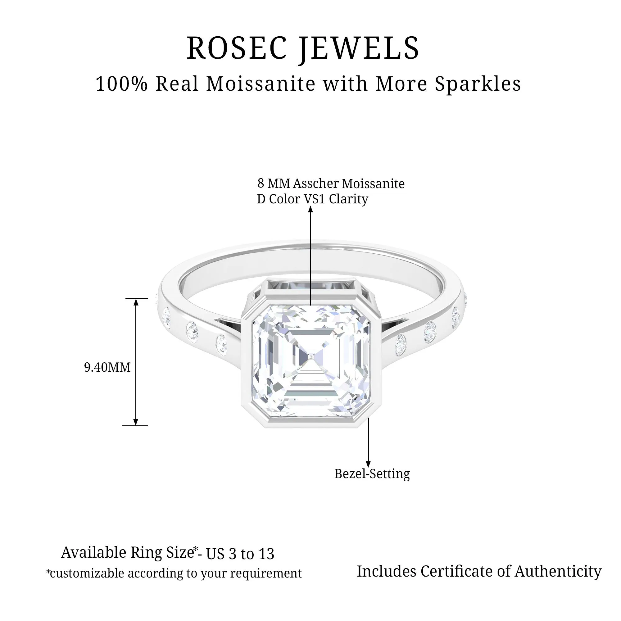 7 MM Asscher Cut Moissanite Solitaire Ring in Bezel Setting with Sleek Accent