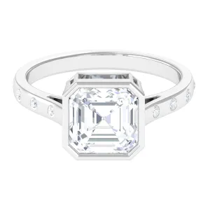 7 MM Asscher Cut Moissanite Solitaire Ring in Bezel Setting with Sleek Accent